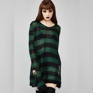 Widow Distressed Stripe Sweater | Green & Black Grunge Knit | Oversized L–XL